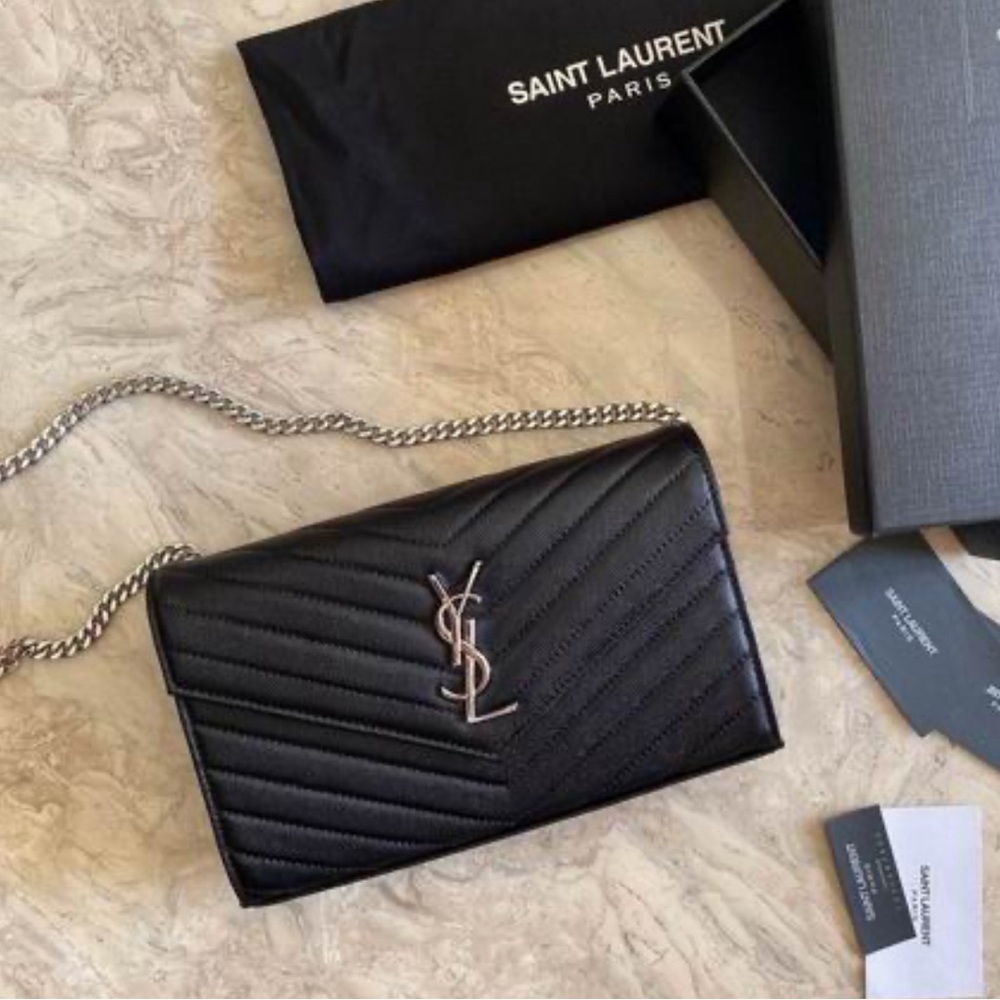 YSL Monogram Large Wallet on Chain in Grained Leather